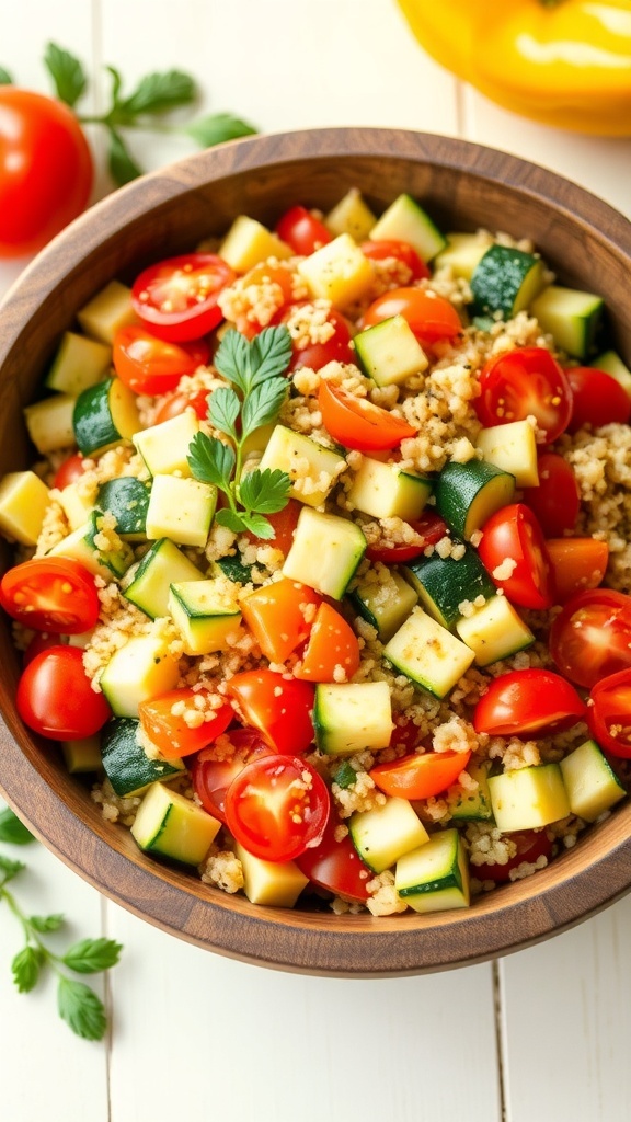 A colorful zucchini and quinoa salad with cherry tomatoes and bell peppers, garnished with herbs in a wooden bowl.